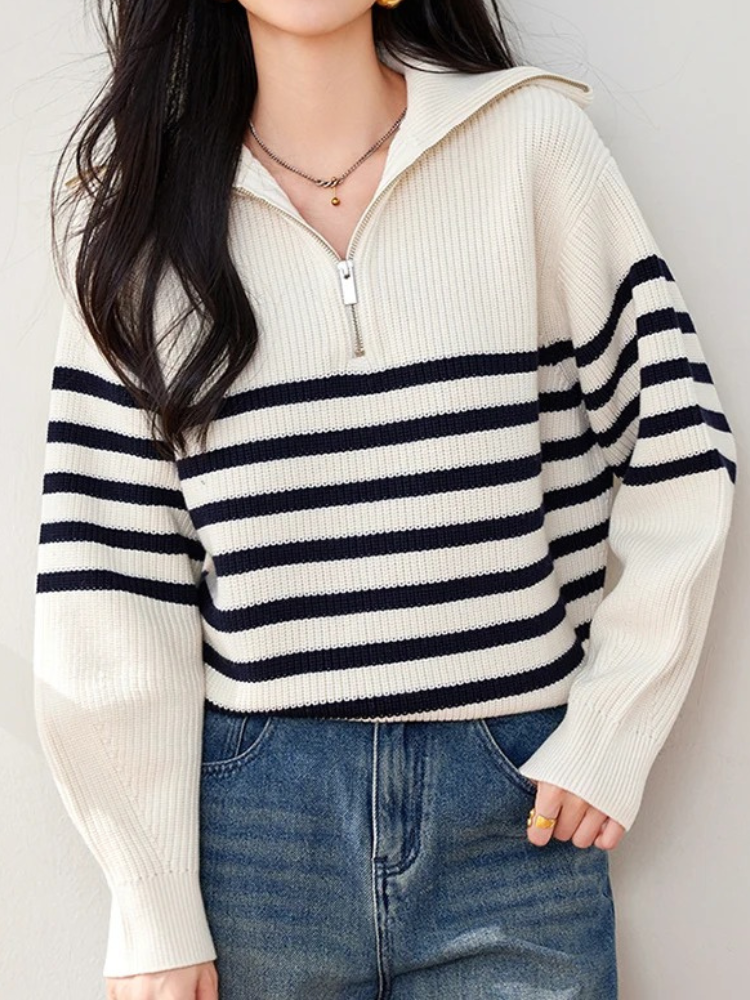 Levoire | Pull femme Pull zippé Pull rayé Ajustement confortable Pull zippé pour femmes Blanc-Noir