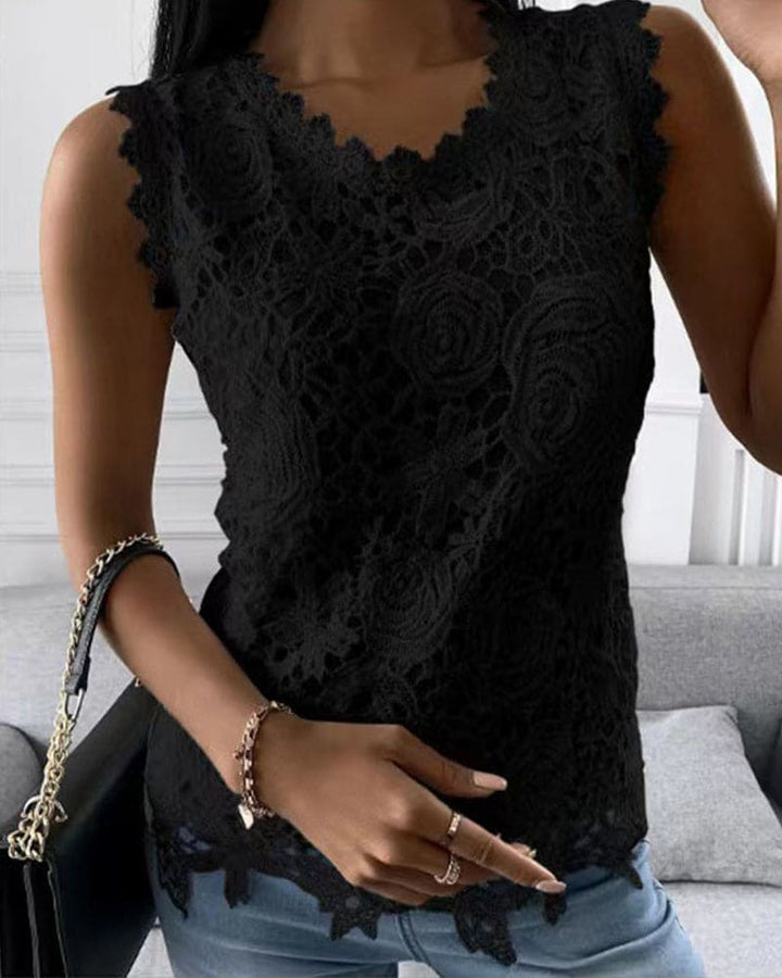 Levoire | Élégante Blouse Dans Une Couleur Unie Avec De La Dentelle Noir