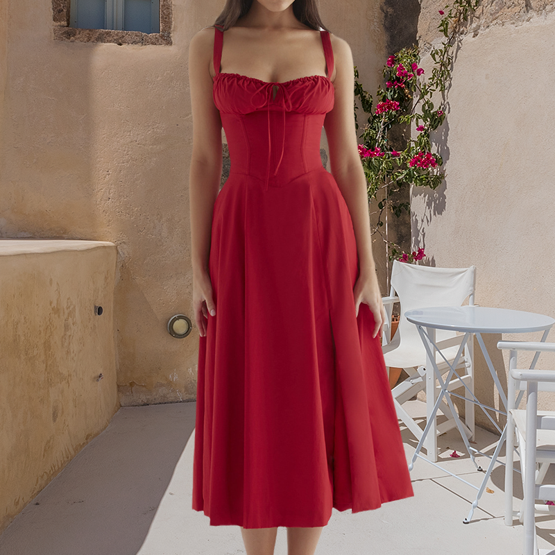 Levoire | Robe d'Été Avec Détails Corset Rouge