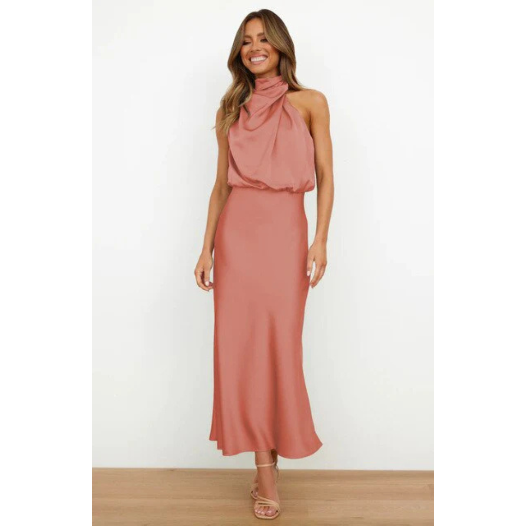 Levoire | Robe D'Invité De Mariage Sans Manches À Col Licou Pour - Femmes - Maxi Rouge Corail
