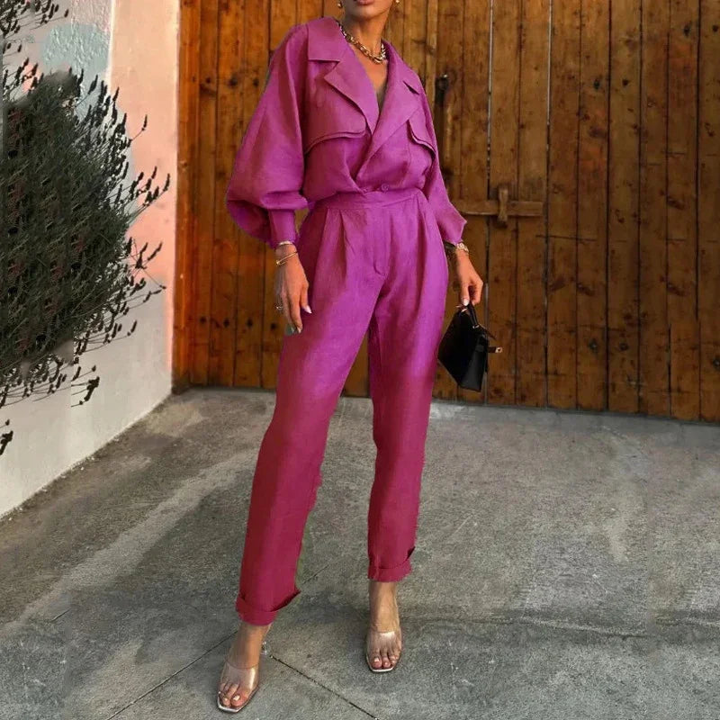 Levoire | Veste Bleue Pour Femmes À Manches Longues Et Pantalons Longs, Revers À La Mode