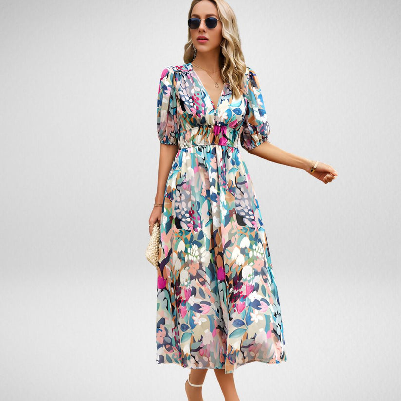 Levoire | Robe Midi Avec Motif Géométrique Et Manches Courtes En Style Lanternes Multicolore