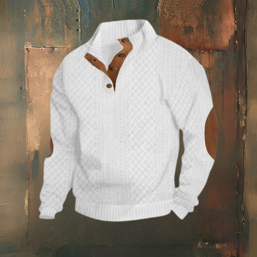 Levoire | Décontracté Jacquard Loose Demi Bouton Col Montant Pull Blanc