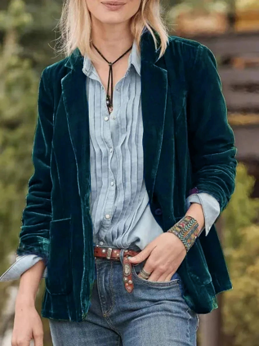 Levoire | Blazer Velours Vintage Boutons Poches Col Revers Femme Vêtements De Loisirs Vert