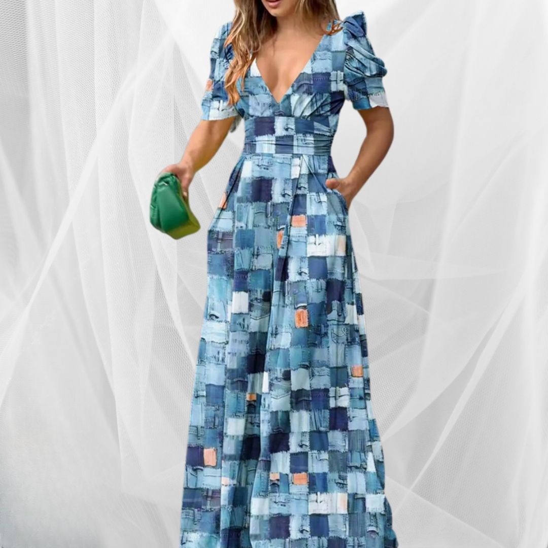 Levoire | Robe Décolleté V Imprimé Stylé Bleu