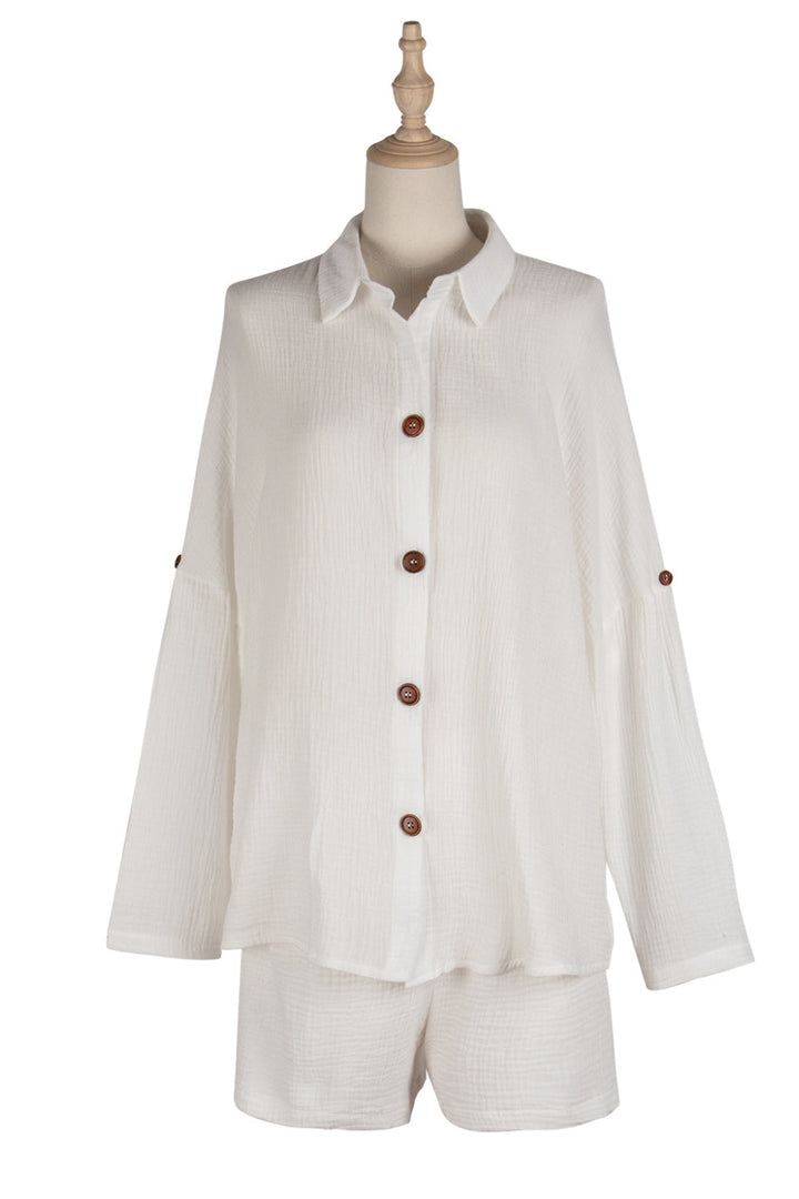 Levoire | Manches longues Short en coton-lin blanc Ensemble de loisirs