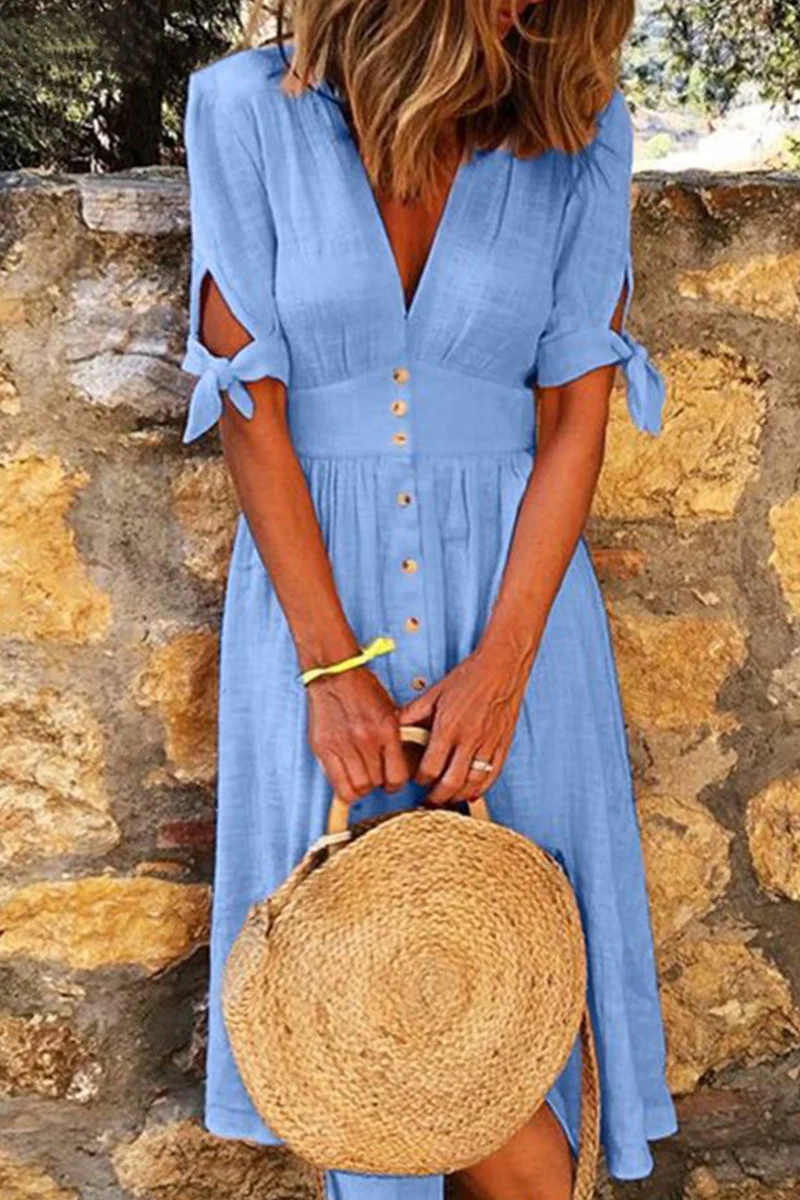 Levoire | Robes décontractées élégantes nouées à col en V avec boucle Bleu Ciel