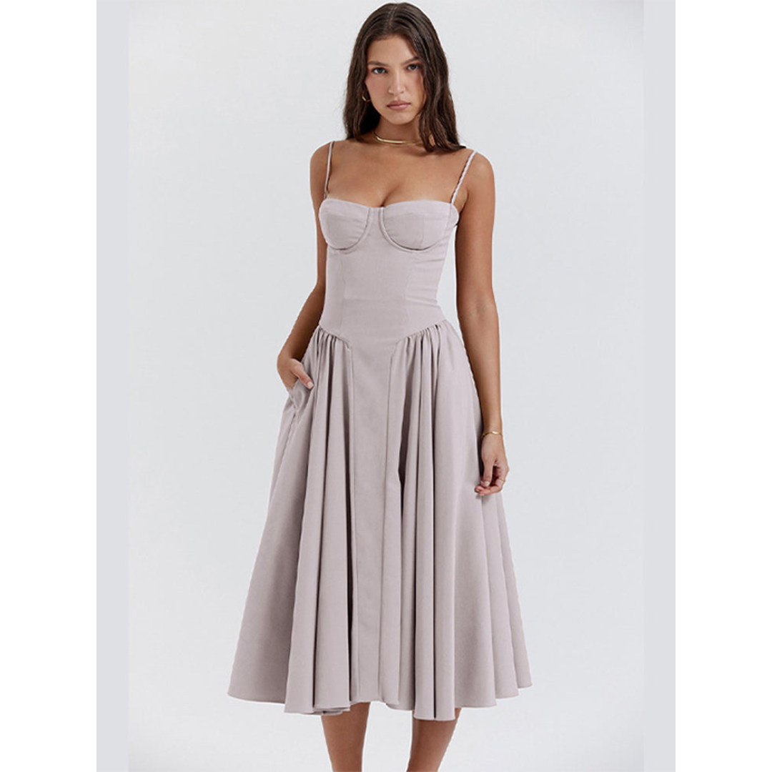 Levoire | Robe D'Invite De Mariage D'Été Plissée À Bretelles Spaghetti - Maxi Gris Clair