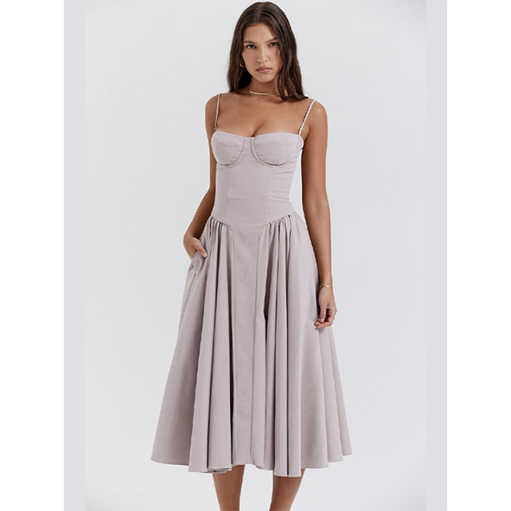 Levoire | Robe D'Invite De Mariage D'Été Plissée À Bretelles Spaghetti - Maxi Gris Clair