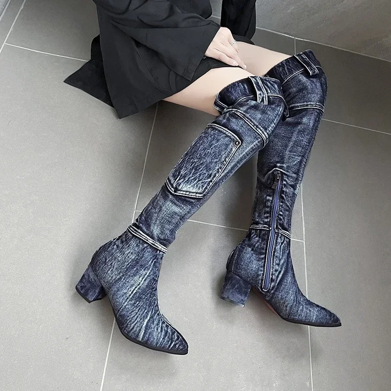 Levoire | Cuissardes en jean à bout pointu tendance pour femmes Bleu