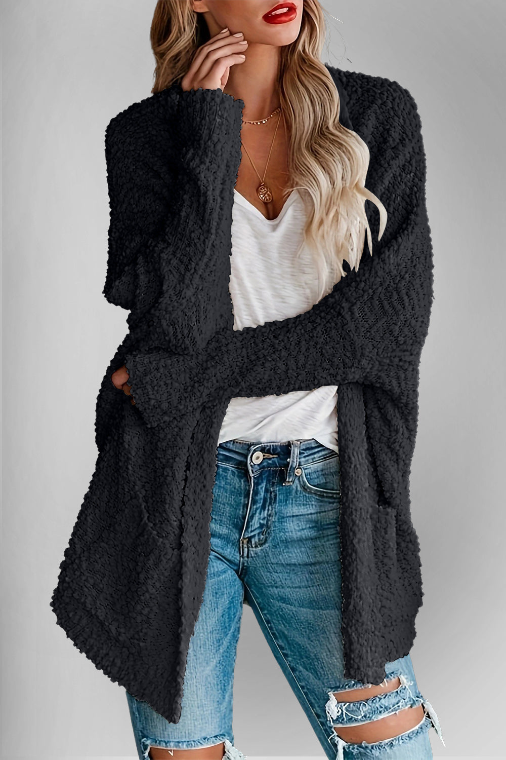 Levoire | Doppel Take Offene Front Long Manches Cardigan Avec Poches Noir