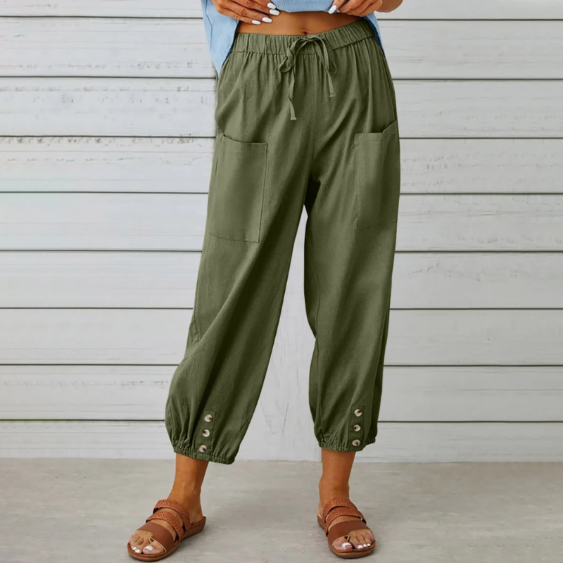Levoire | Pantalon En Lin Pour Femmes Décontracté Taille Haute Vert