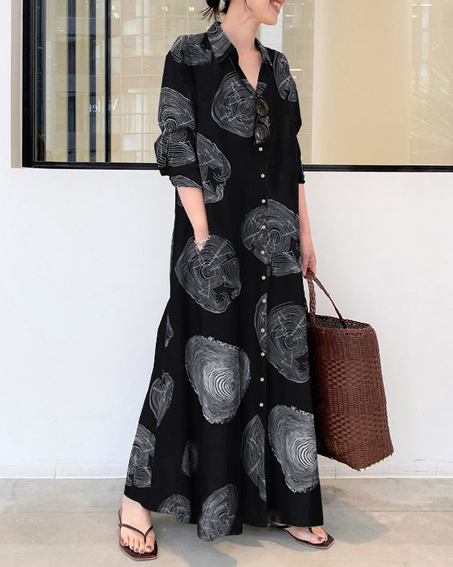 Levoire | Robe longue en lin à manches longues et blocs de couleurs Imprimé Contraste Lâche Grande taille Maxi Robes Noir