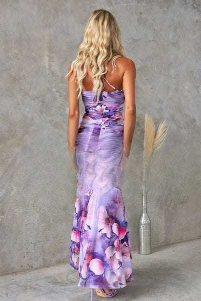 Levoire | Robe longue, extensible et plissée à imprimé floral avec superposition de maille