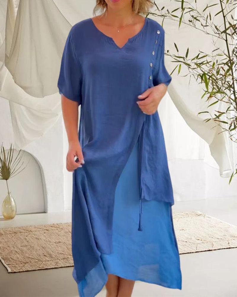 Levoire | Robe À Manches Courtes Et Col En V Pour Un Style Casual Chic Bleu