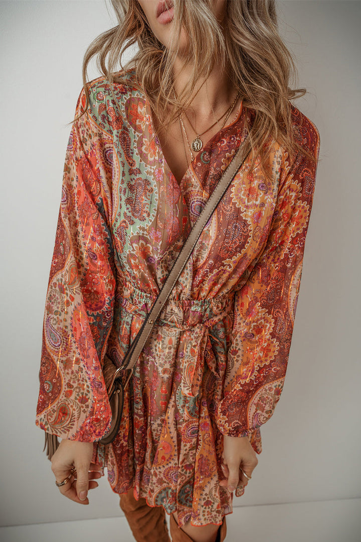 Levoire | Robe Mini Boho Avec Motif Paisley, Manches Longues Et Élégante Ceinture Régulière