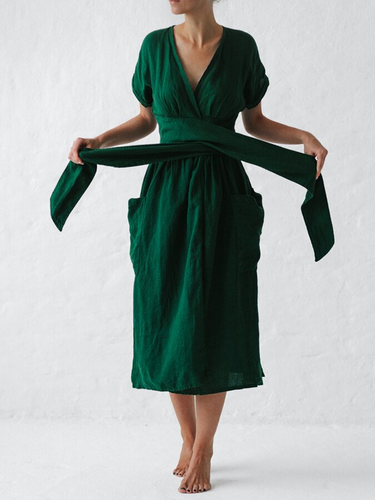 Levoire | Robe midi en lin à nouer avec ceinture pour femmes élégantes