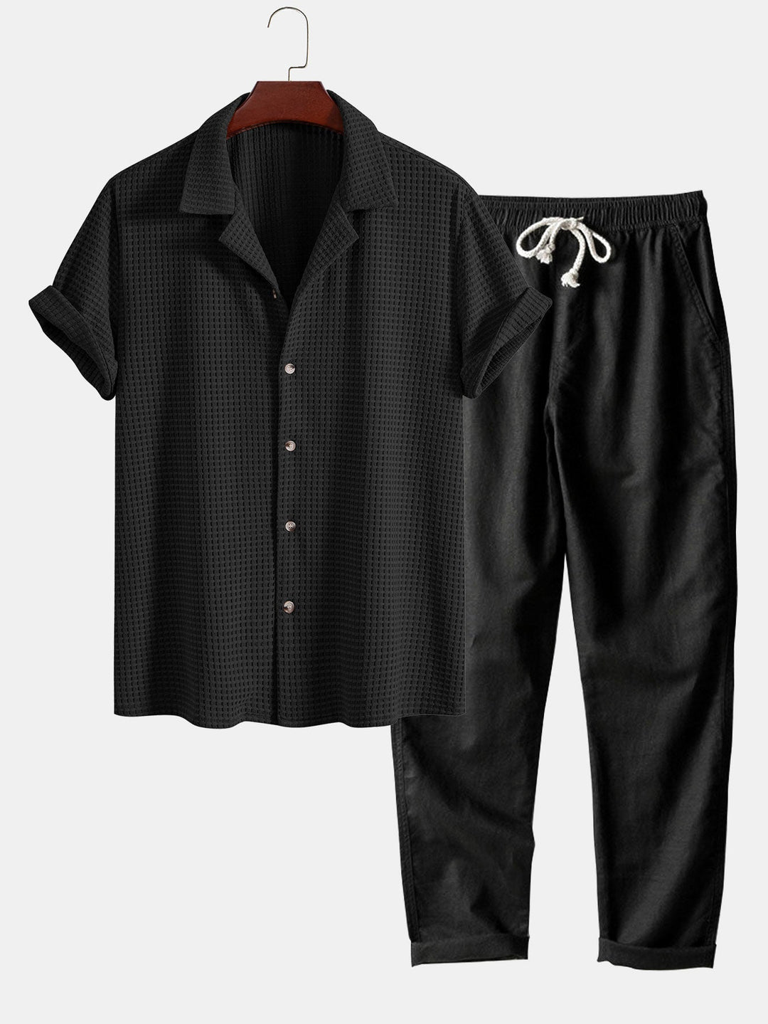 Levoire | Haut À Manches T-Shirt Waffle Cubain & Pantalons En Lin À Jambes Droites noir
