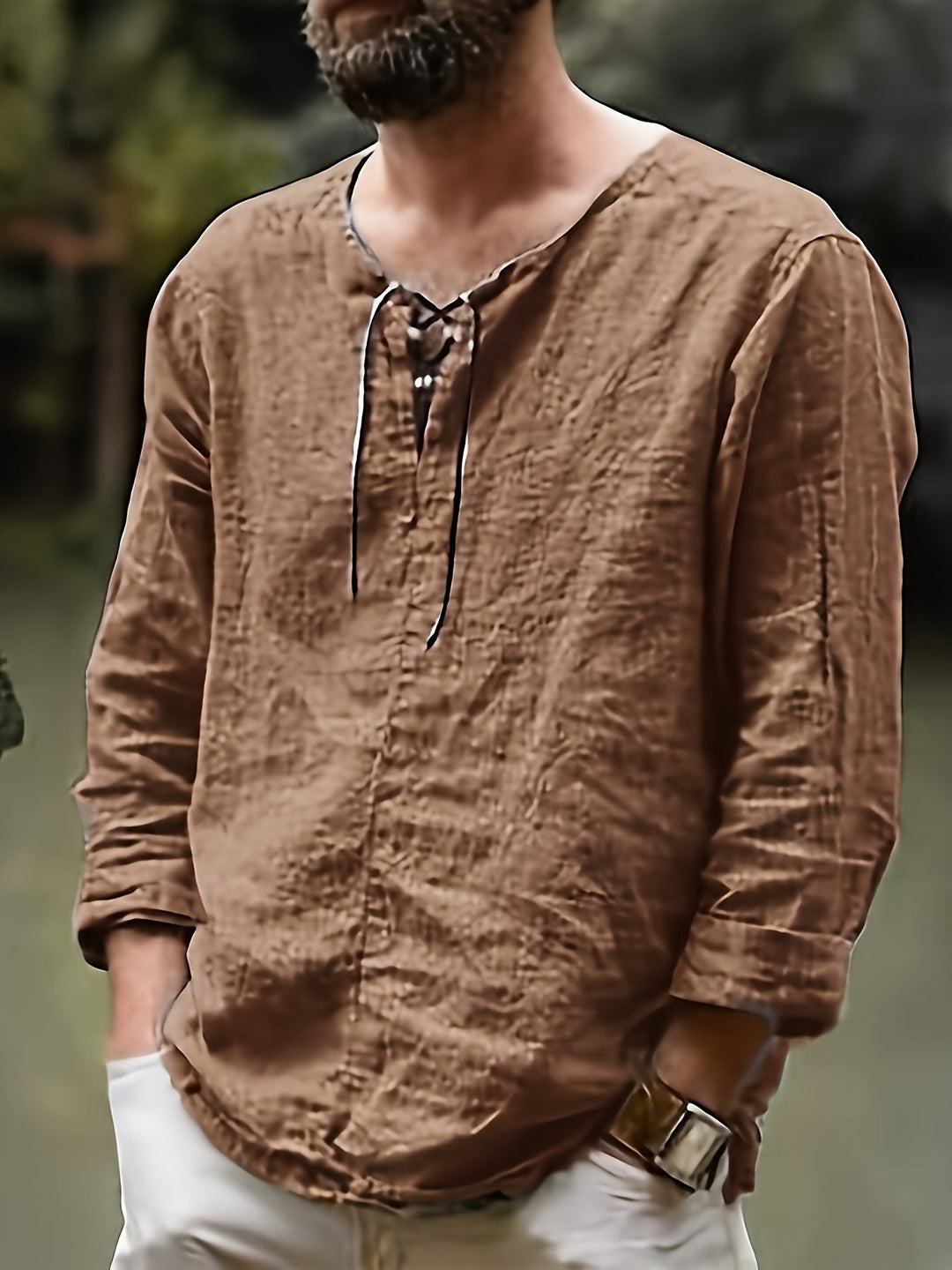 Levoire | T-Shirt Henley À Manches Longues En Mélange Coton-Lin Printemps/Automne