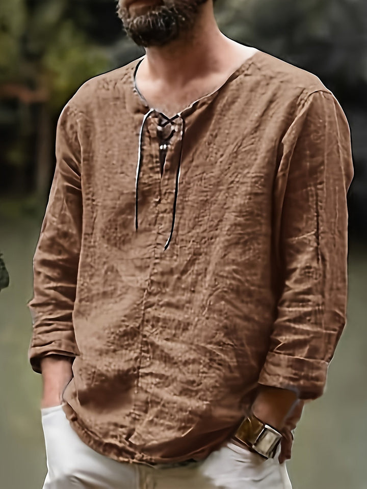 Levoire | T-Shirt Henley À Manches Longues En Mélange Coton-Lin Printemps/Automne