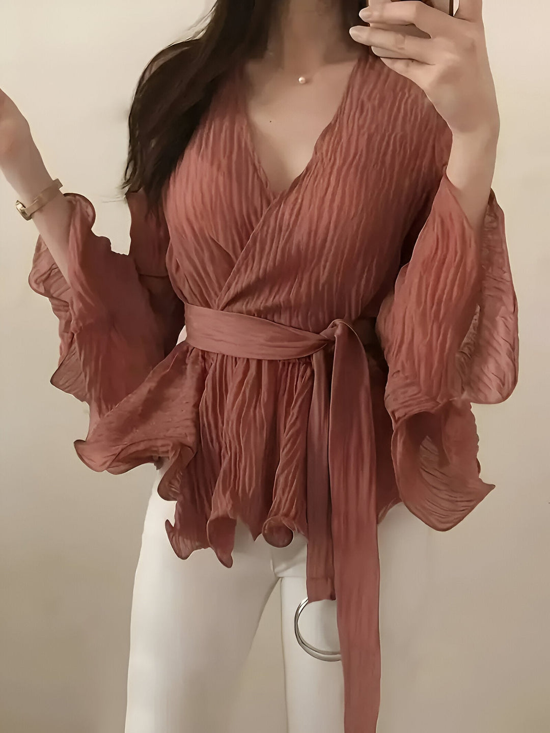 Levoire | Chemise À Col En V Avec Cordon Et Volants Rouge brique