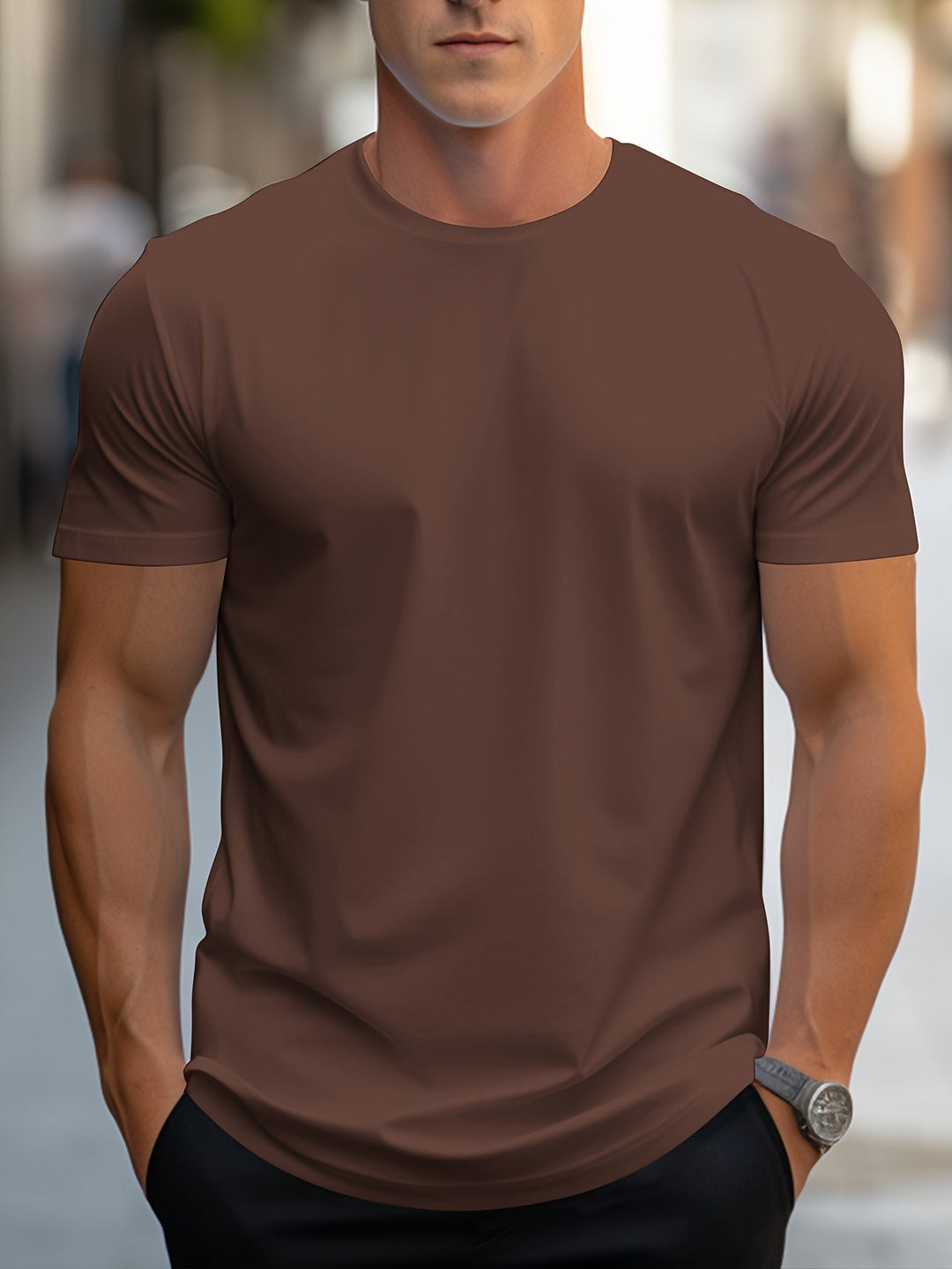Levoire | T-Shirt Unicolore Pour Hommes Col Rond Couleur café
