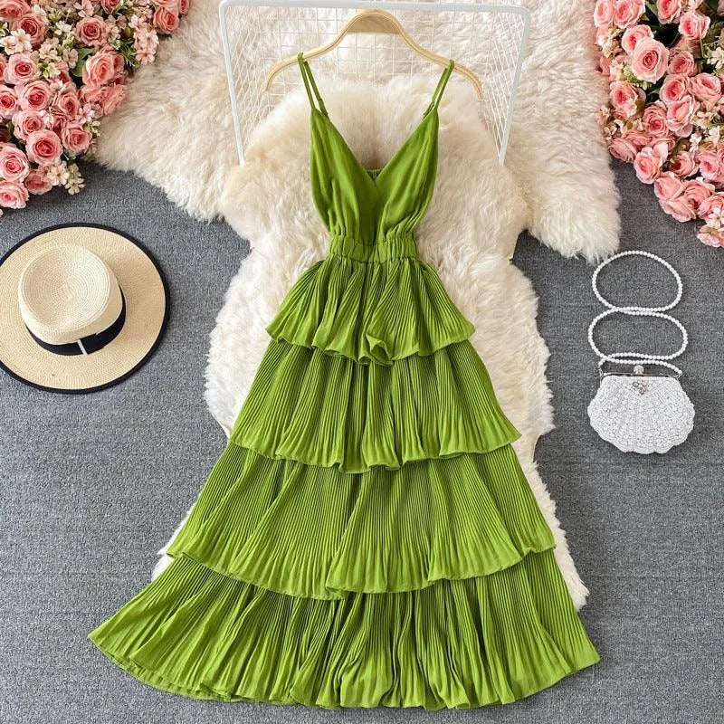 Levoire | Robe longue avec décolleté en V de style français Vert Une taille
