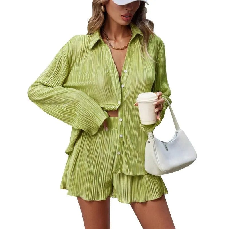 Levoire | Taille avec shorts et manches longues, retourné, uni, décontracté plissé Herbe verte
