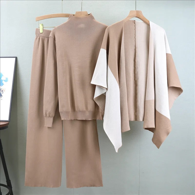 Levoire | Pull À Manches Longues, Châle Enveloppant Avec Pantalon Large, Ensemble Trois Pièces Khaki Une taille convient à tous