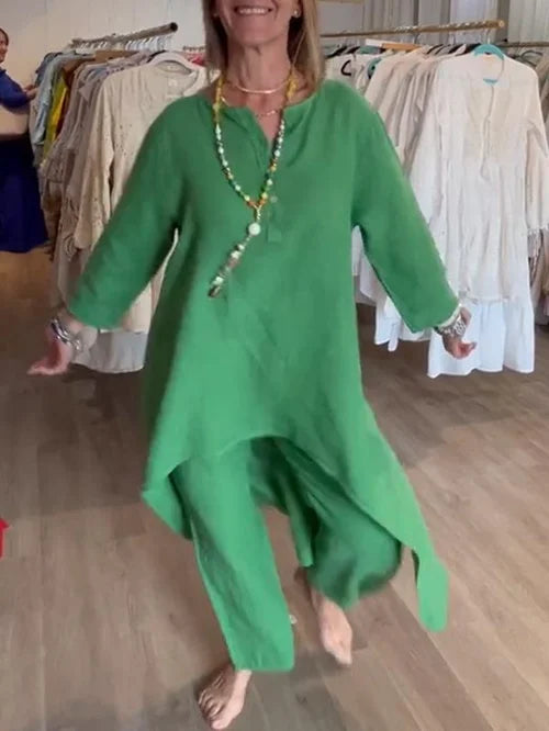 Levoire | Ensemble De Loisirs Unicolore En Lin Pour Femmes Vert