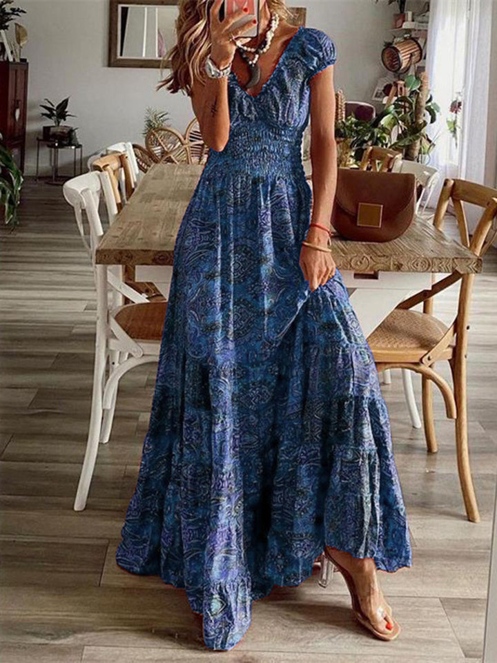 Levoire | Robe à manches courtes avec col en V et imprimé fumé en taille réelle Bleu royal
