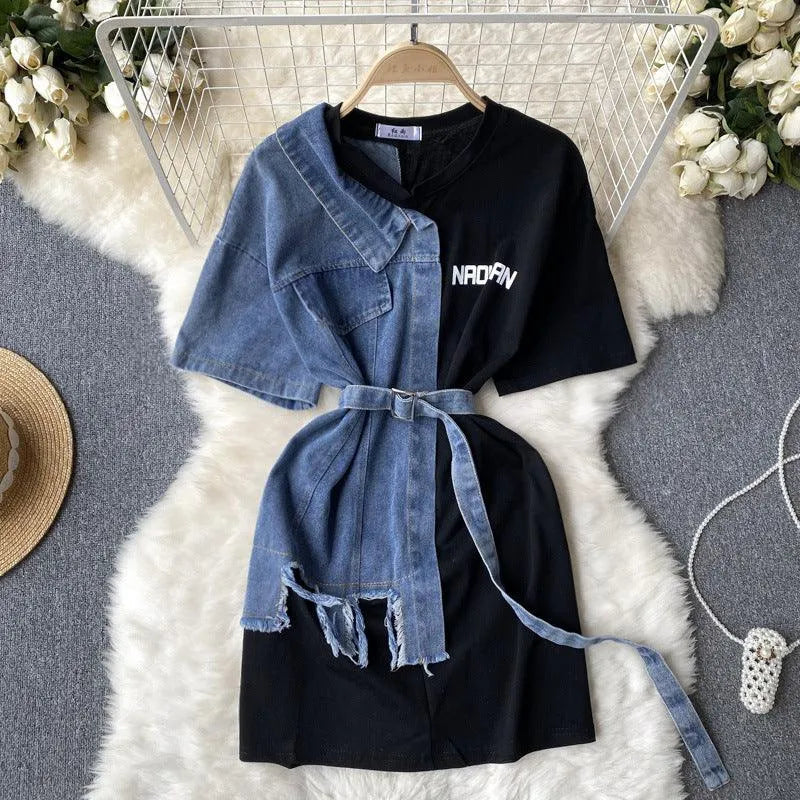 Levoire | Robe en denim patchwork à encolure ronde Noir Une taille
