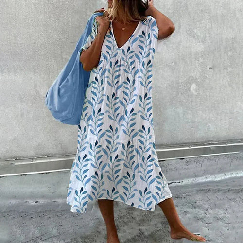 Levoire | Robe mi-longue blanche à manches courtes aquarelle bleue