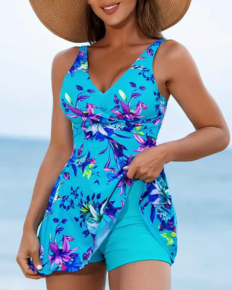 Levoire | Tankini Rafraîchissant Avec Motif Floral Et Porte-Jarretelles Bleu