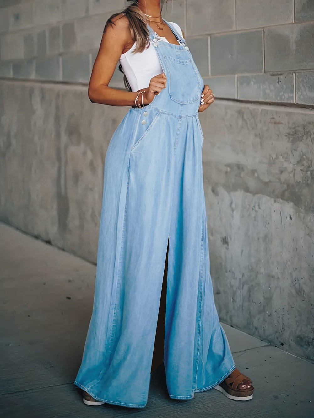 Levoire | Unicolore Bleu Clair Salopettes En Jean Relaxed