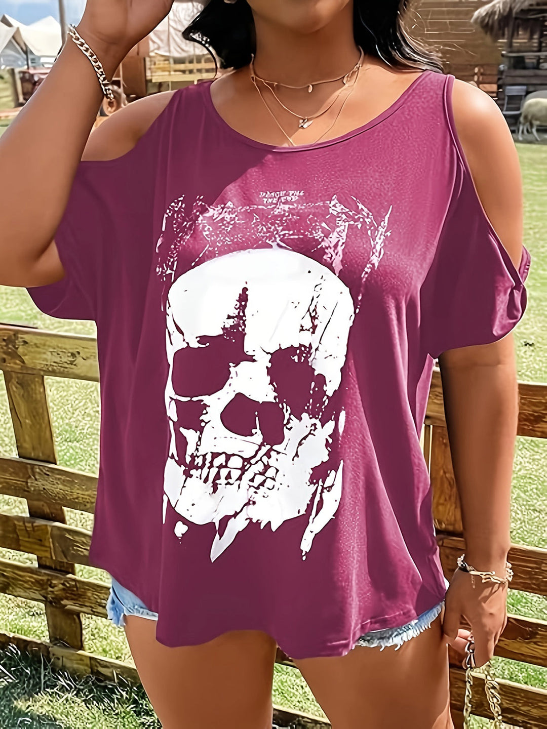 Levoire | Grande Taille Lurekantsmønster Col Rond Épaules Nues T-shirt