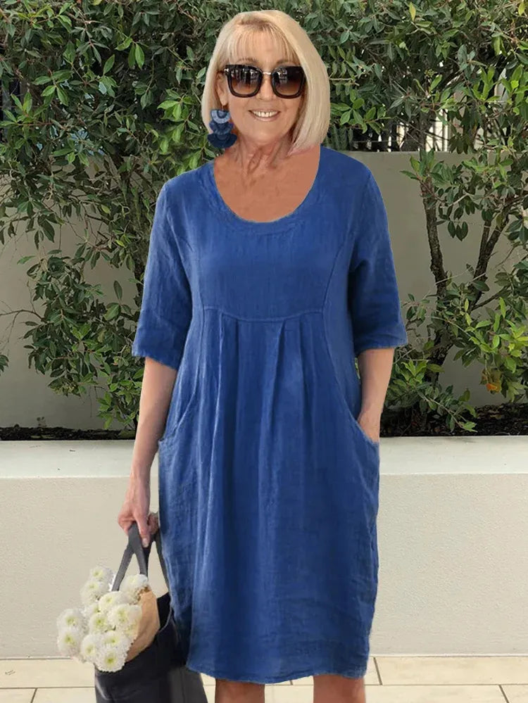 Levoire | Robe tunique midi en coton lin à poches de couleur unie Bleu marine