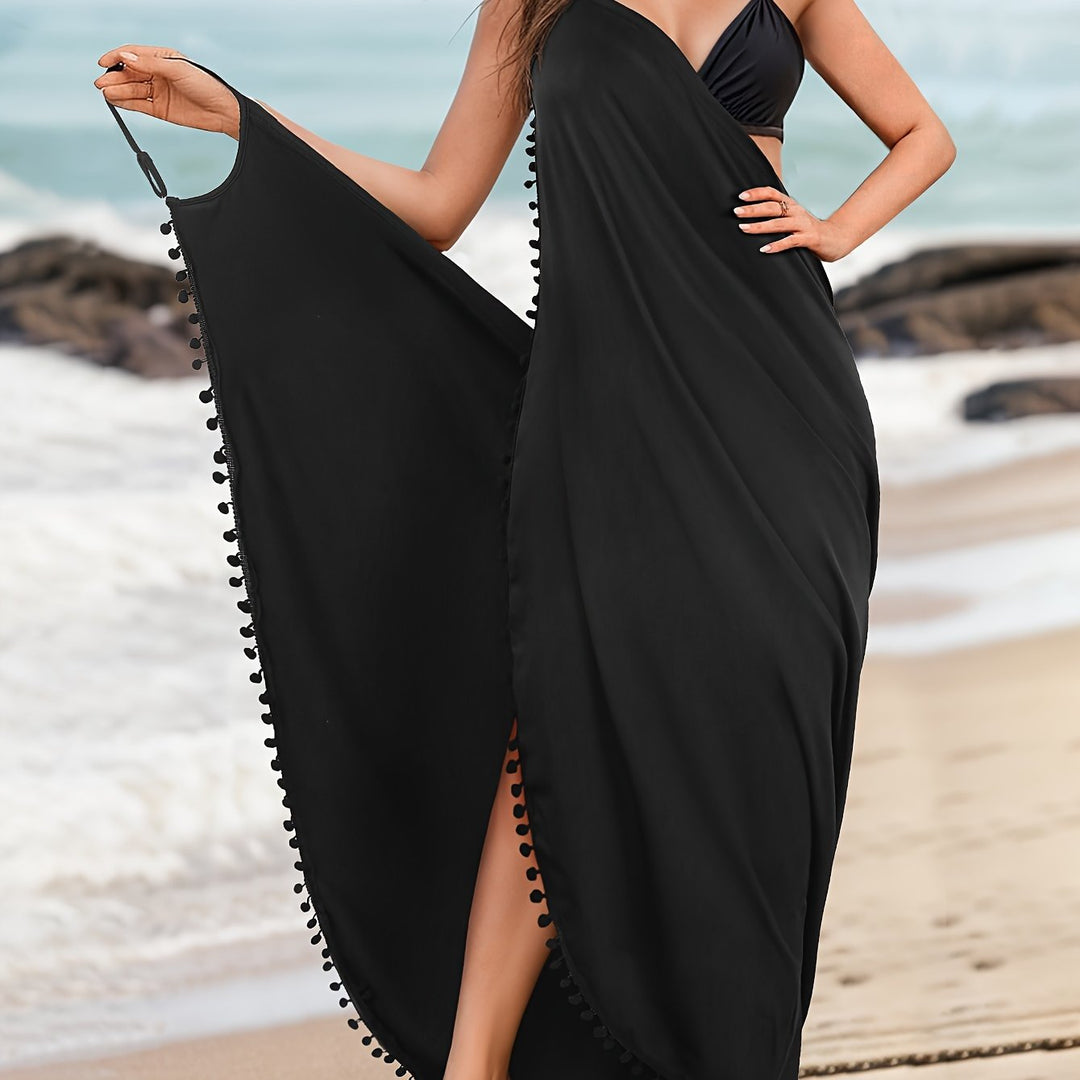 Levoire | Robe De Plage Maxi Unicolore Avec Des Décorations Pom Pom Et Décolleté En V