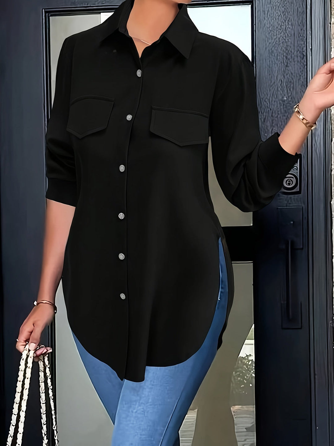Levoire | Chemise Simple À Boutons Avec Une Fente Élégante Noir