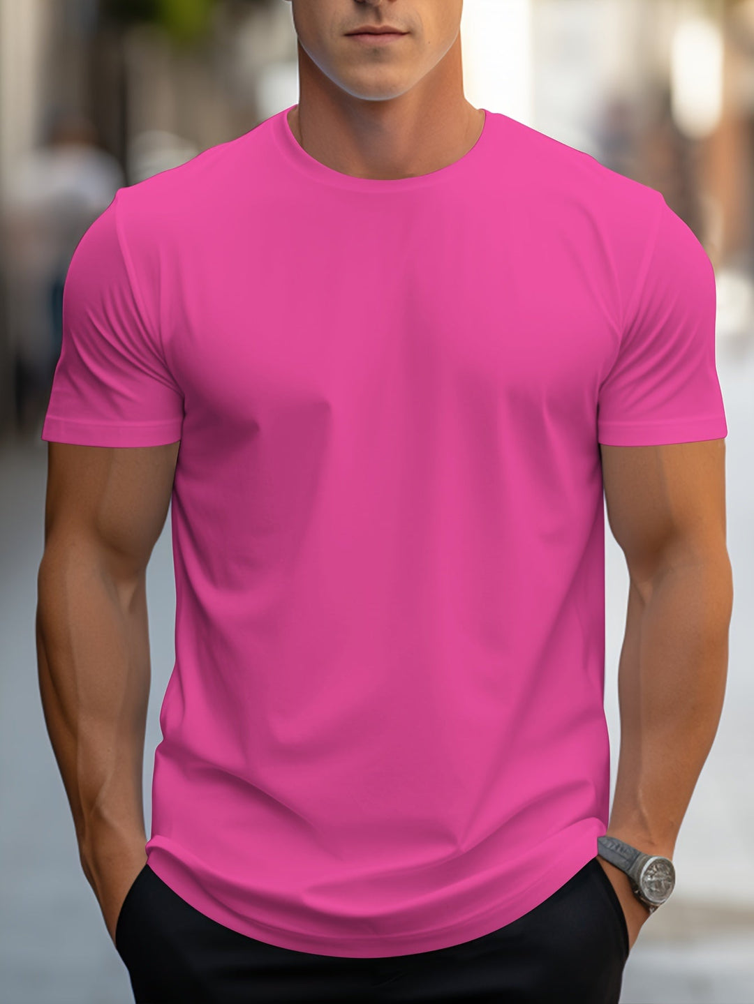 Levoire | T-Shirt Unicolore Pour Hommes Col Rond Rose rouge