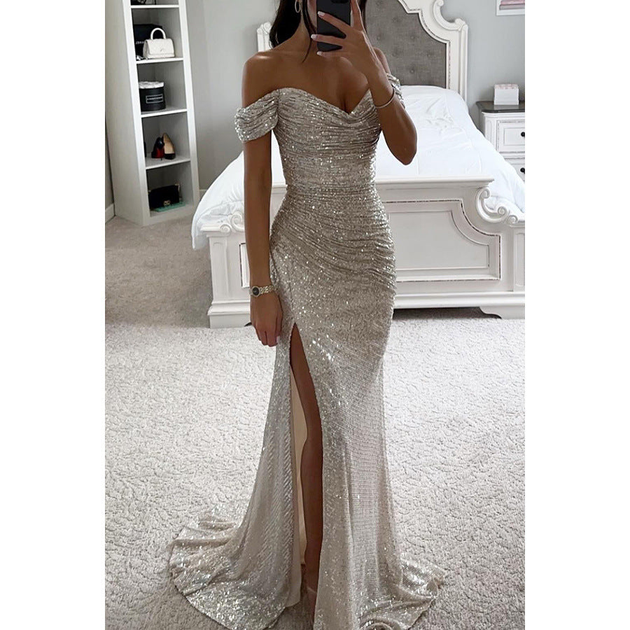 Levoire | Robe De Soire En Paillettes Avec Fente Argent