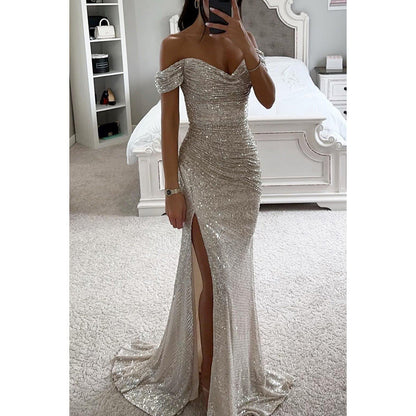 Levoire | Robe De Soire En Paillettes Avec Fente Argent