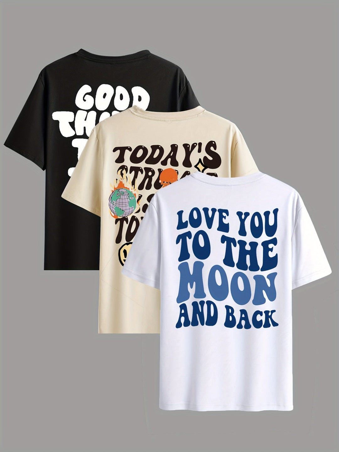 Levoire | 3 T-Shirts Pour Hommes Avec Lettres, Manches Courtes, Col Rond Blanc Abricot Noir