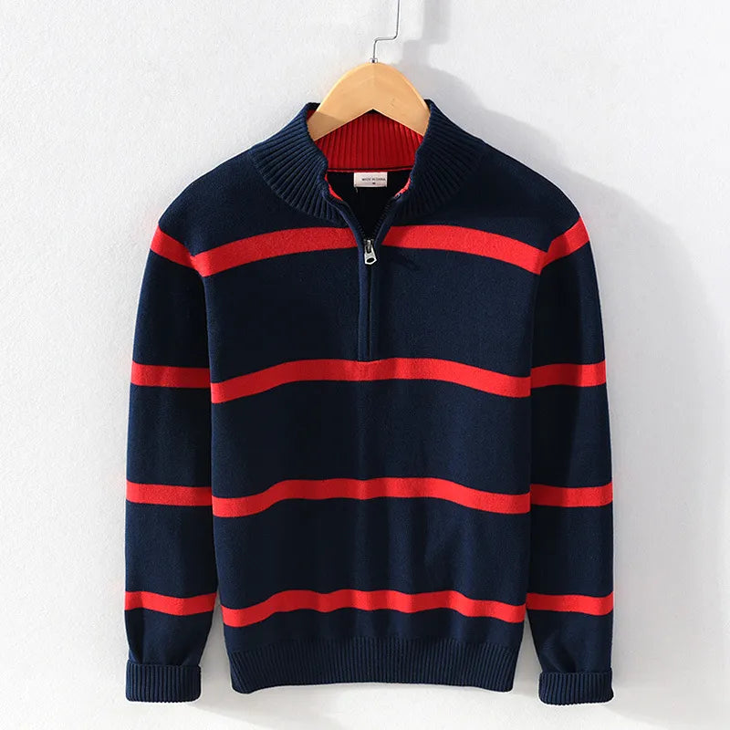 Levoire | Confortable Manches Longues Mi-Longue Zip Rayé Tricoté Rot