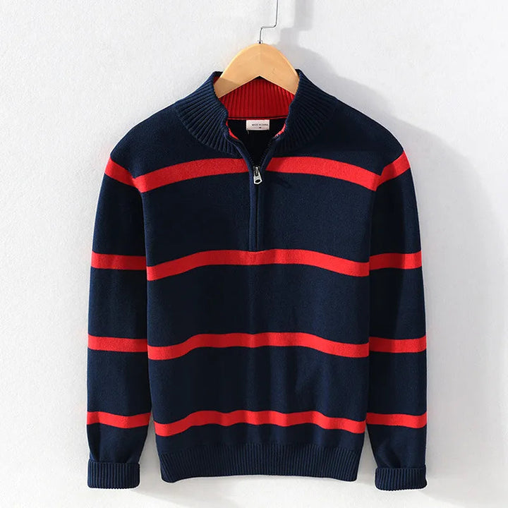 Levoire | Confortable Manches Longues Mi-Longue Zip Rayé Tricoté Rot