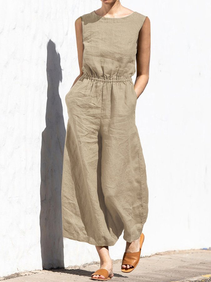 Levoire | Combinaison Sans Manches Décontractée Avec Taille Élastique Pour Femmes Khaki