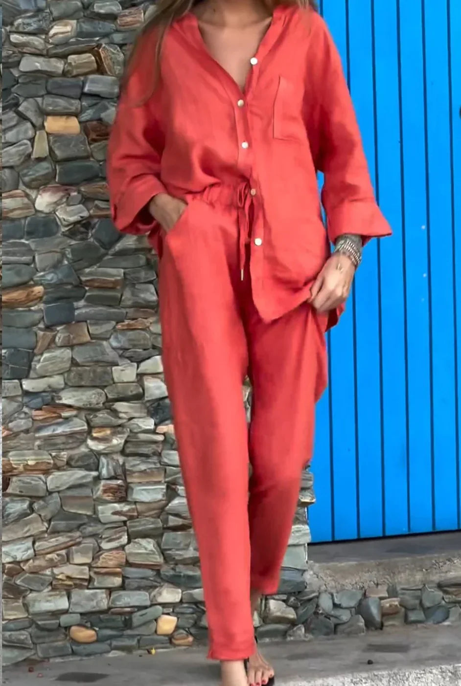 Levoire | T-Shirt Décontracté À Col En V & Ensemble Pantalon En Coton-Lin Rot