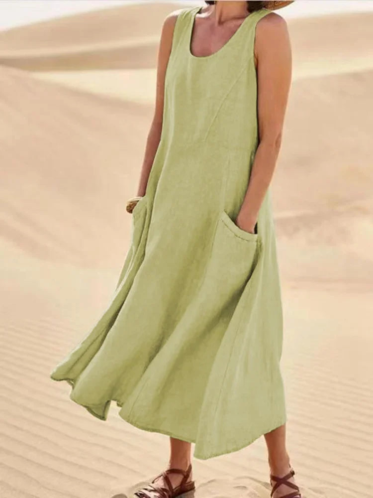Levoire | Robe sans manches en coton et lin avec poches pour femme Vert