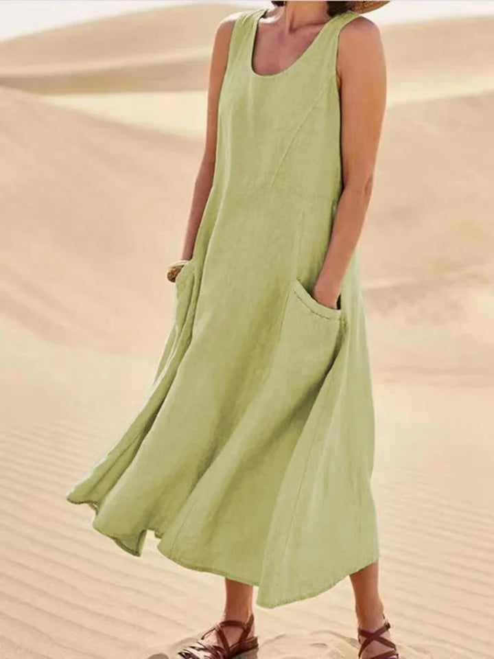 Levoire | Robe sans manches en coton et lin avec poches pour femme Vert