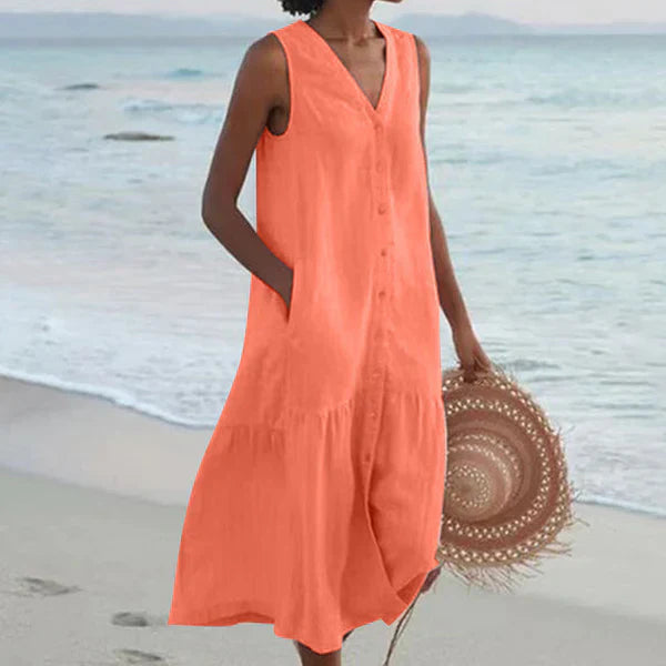 Levoire | Robe Sans Manches À Bouton Avec Décolleté En V Robe De Plage Orange